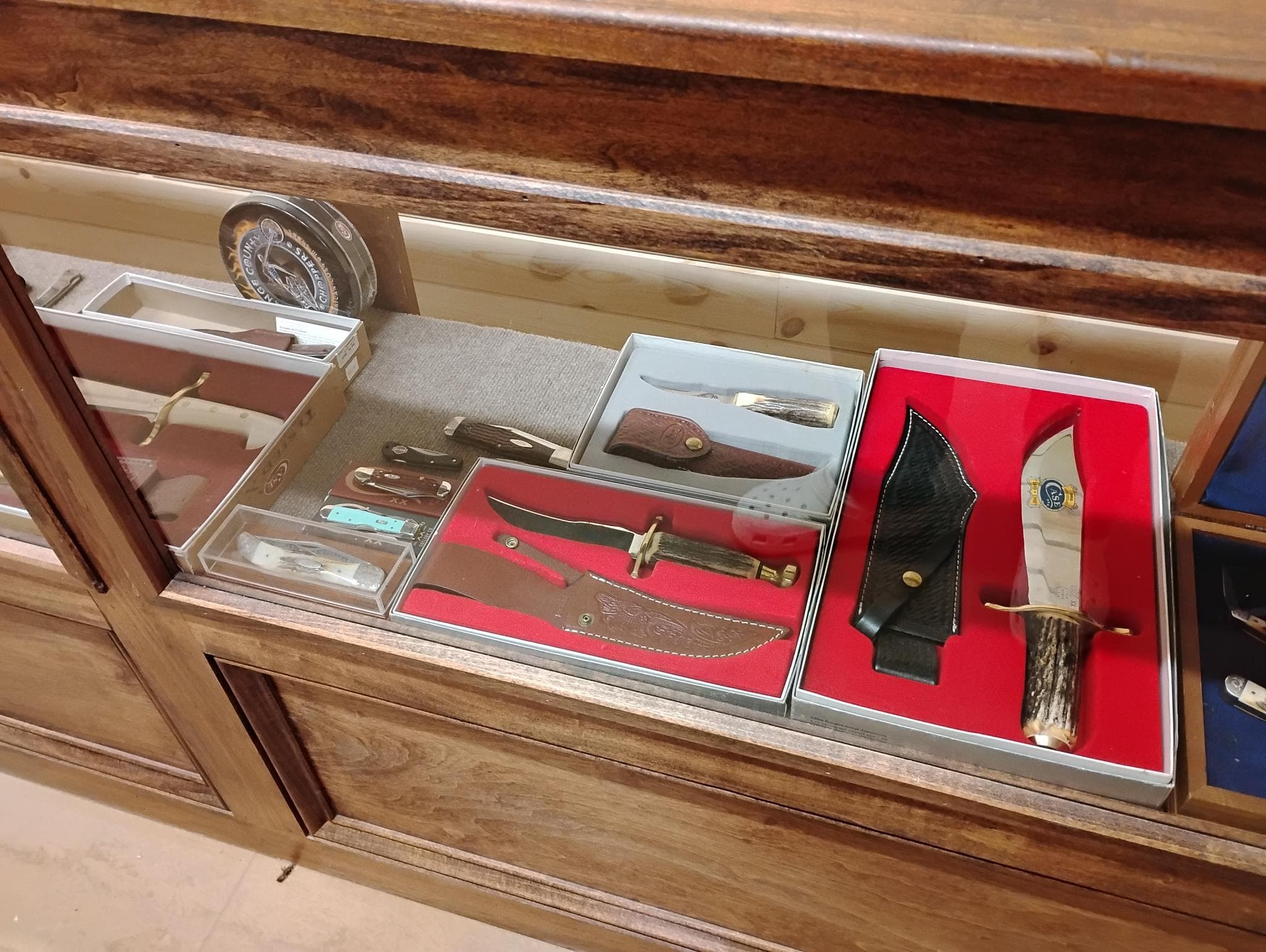 Fixed-blade Bowie with stag-antler handle in a red velvet presentation tray.